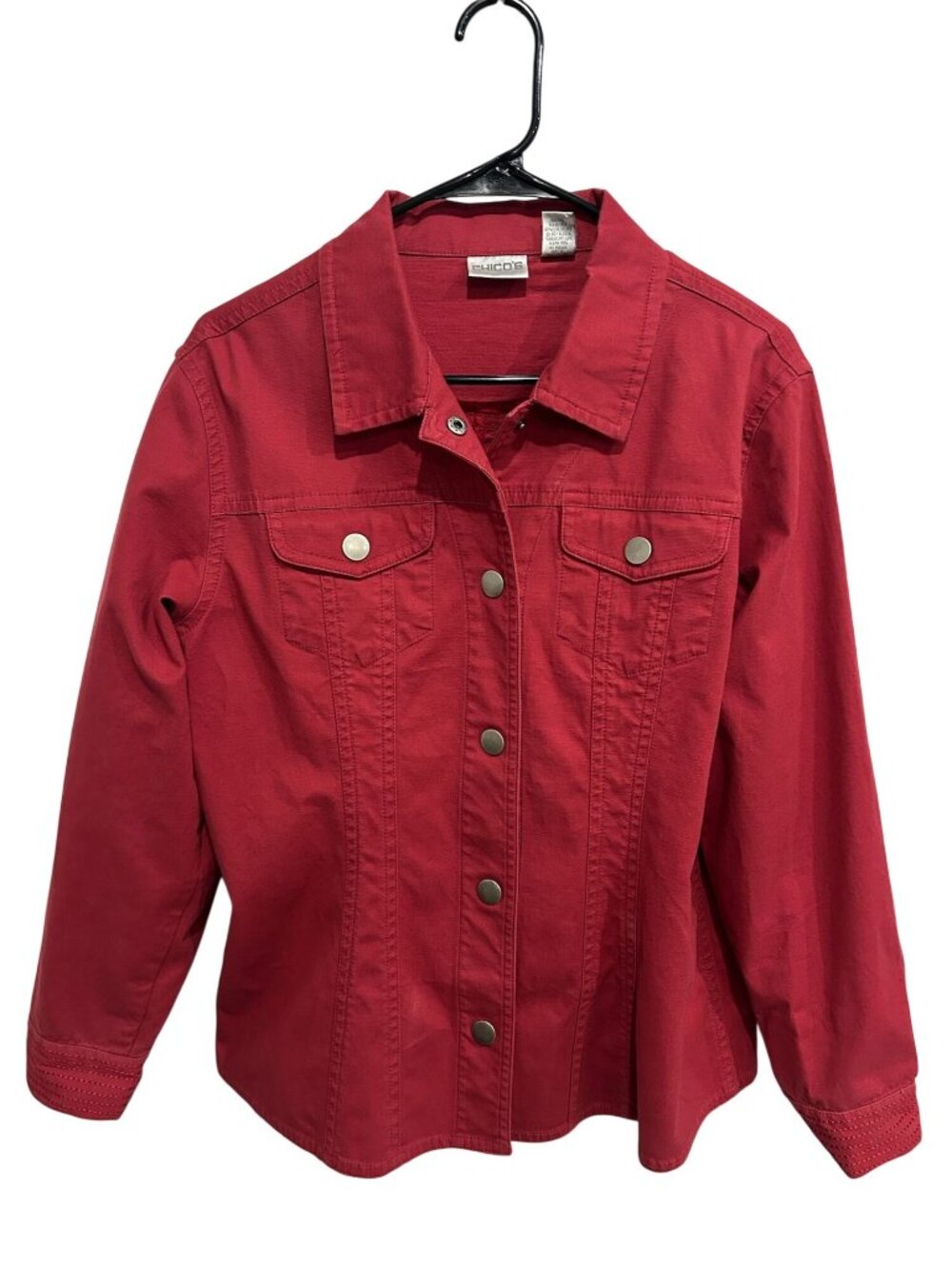 Chicos Large Red Button Front Denim Jacket Snap Closures Chest Pockets Boho